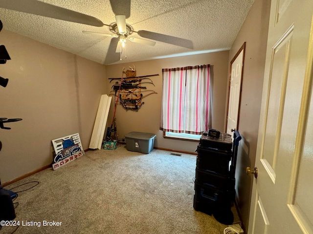 misc room with carpet, ceiling fan, and a textured ceiling