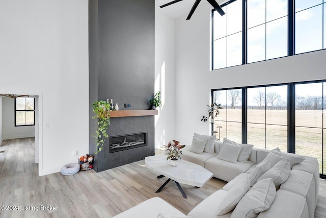 living room featuring a fireplace, a high ceiling, and light hardwood / wood-style floors