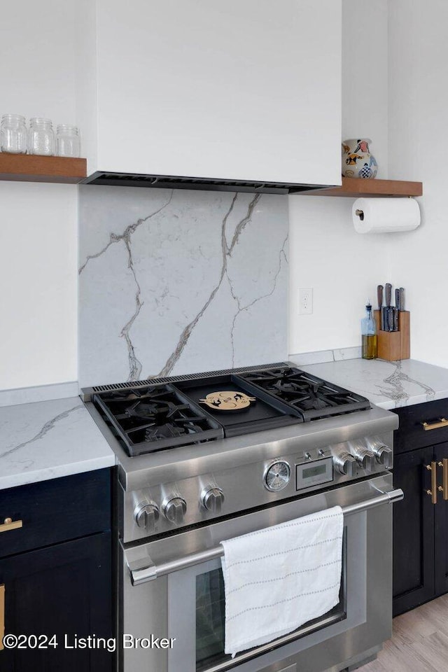 kitchen with decorative backsplash, light stone countertops, light hardwood / wood-style floors, and high end stainless steel range oven