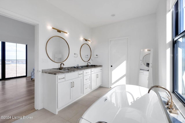 bathroom featuring a washtub, vanity, and hardwood / wood-style flooring