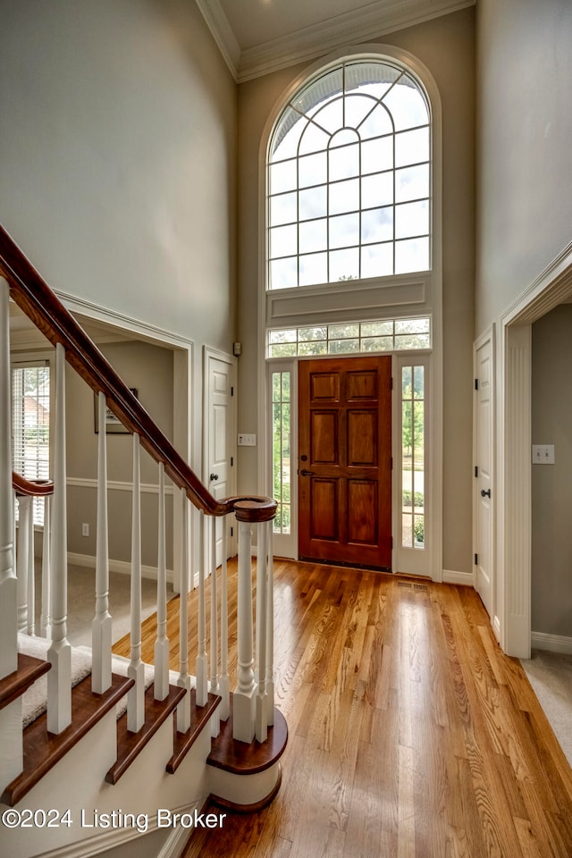 entrance foyer featuring light hardwood / wood-style floors, a towering ceiling, and ornamental molding