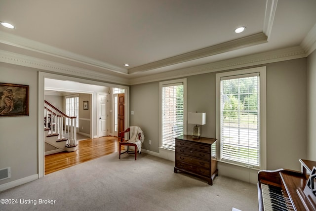 living area with carpet flooring, a healthy amount of sunlight, a raised ceiling, and crown molding