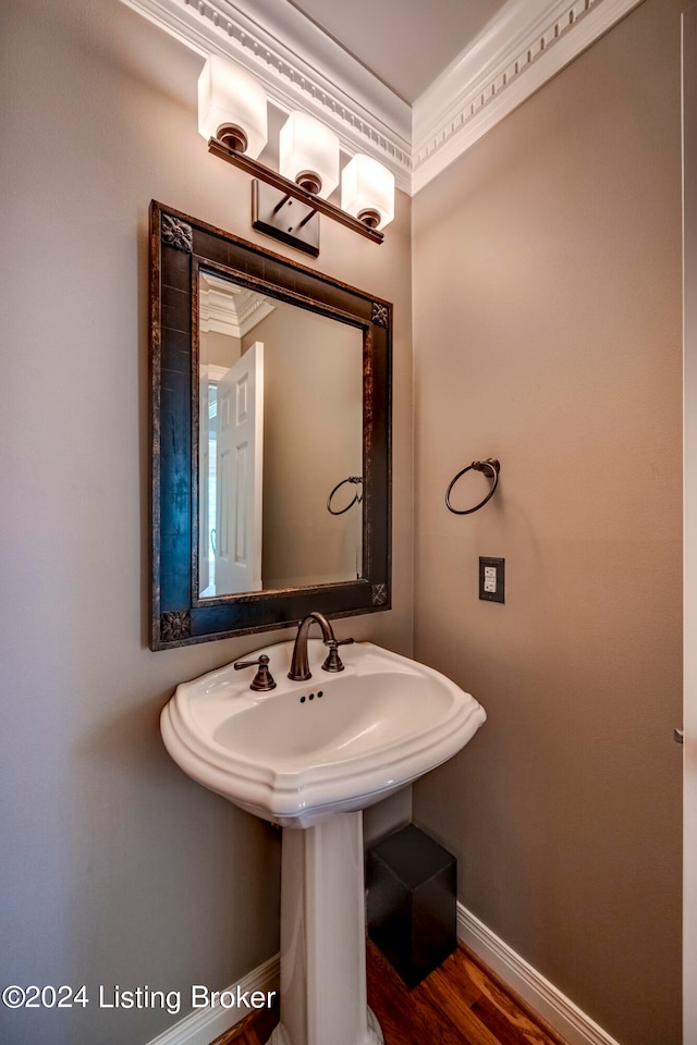 bathroom featuring wood-type flooring, crown molding, and sink