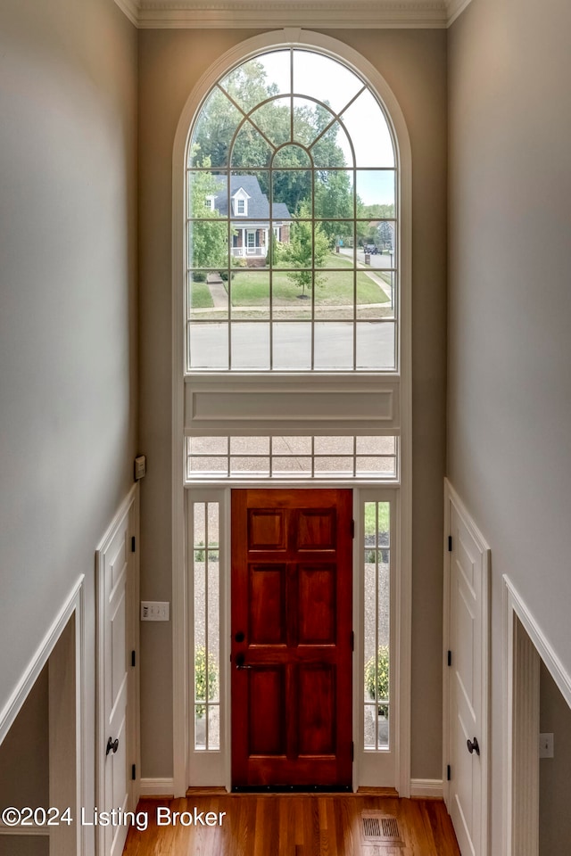 foyer with a wealth of natural light, ornamental molding, and hardwood / wood-style flooring