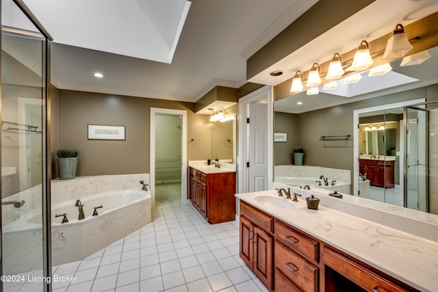 bathroom featuring tile patterned flooring, vanity, plus walk in shower, and ornamental molding