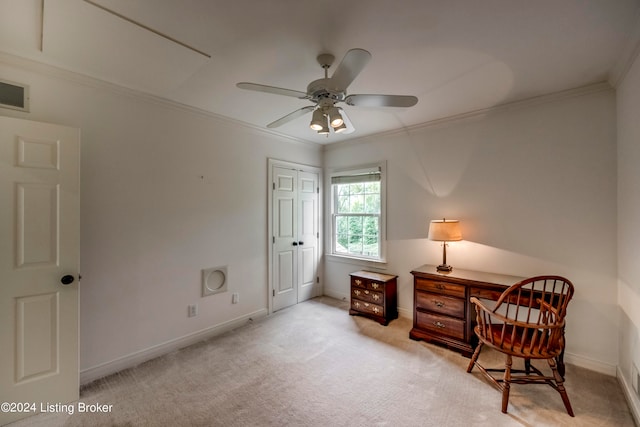 sitting room featuring crown molding, ceiling fan, and light colored carpet