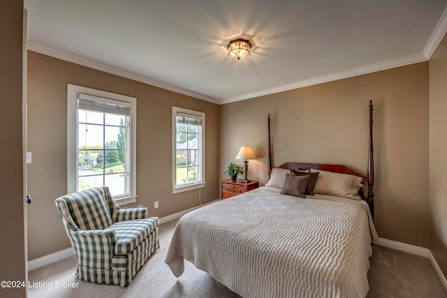 bedroom with ornamental molding and light carpet