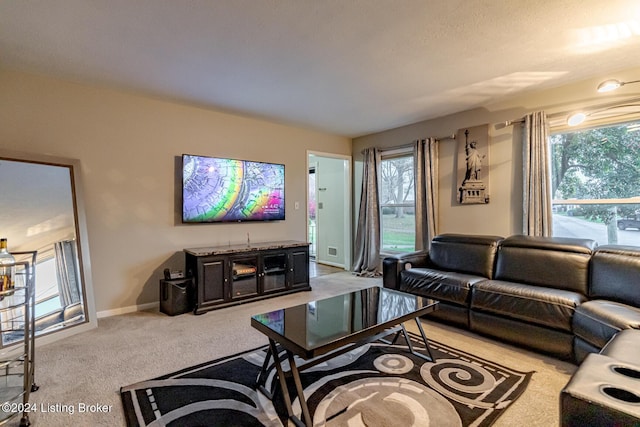 living room featuring light carpet