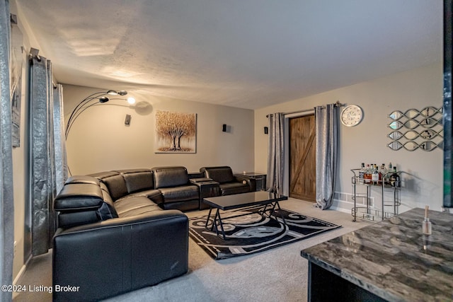 living room with carpet flooring and a textured ceiling