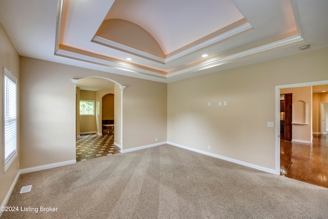 carpeted empty room with ornamental molding, a wealth of natural light, and a tray ceiling