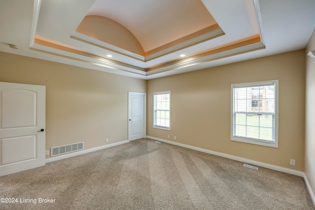 carpeted empty room featuring a raised ceiling and ornamental molding