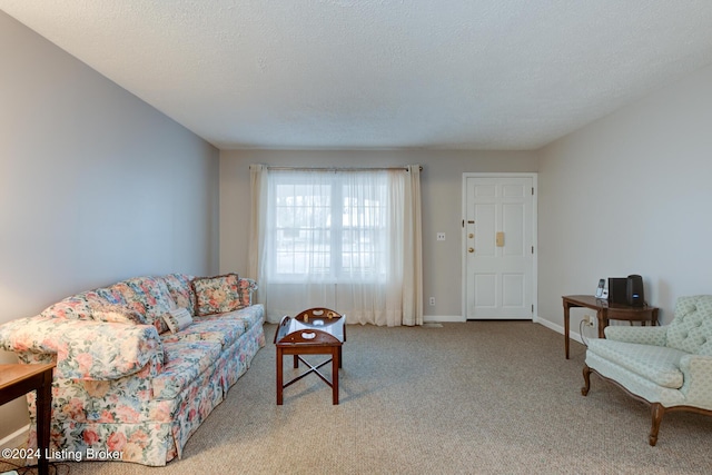 living room featuring light carpet and a textured ceiling