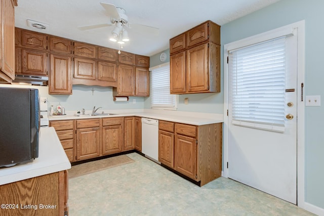 kitchen with ceiling fan, dishwasher, a textured ceiling, and sink