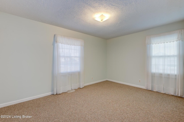 unfurnished room with carpet flooring, a healthy amount of sunlight, and a textured ceiling