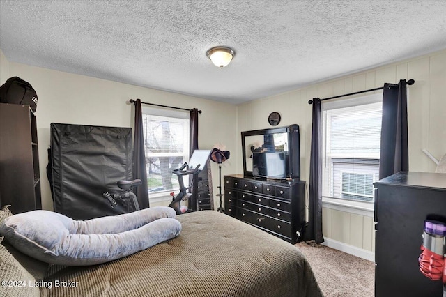 carpeted bedroom featuring a textured ceiling and multiple windows