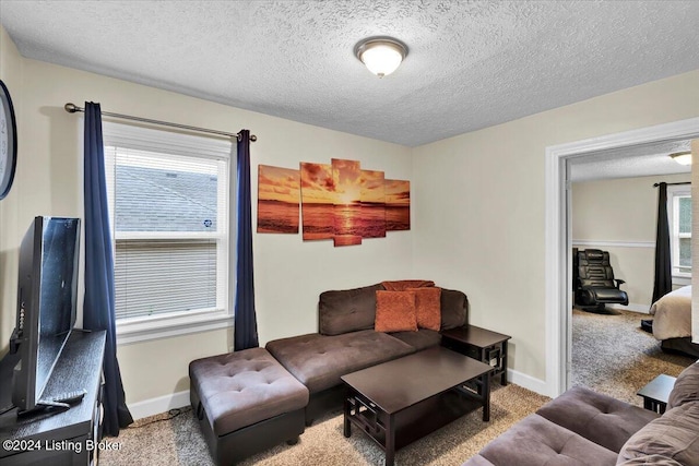 carpeted living room with a textured ceiling