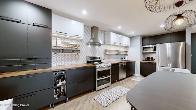 kitchen with butcher block countertops, wall chimney exhaust hood, white cabinetry, and stainless steel appliances