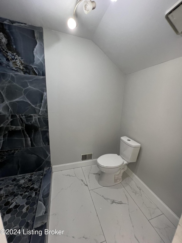 bathroom with toilet, walk in shower, and lofted ceiling