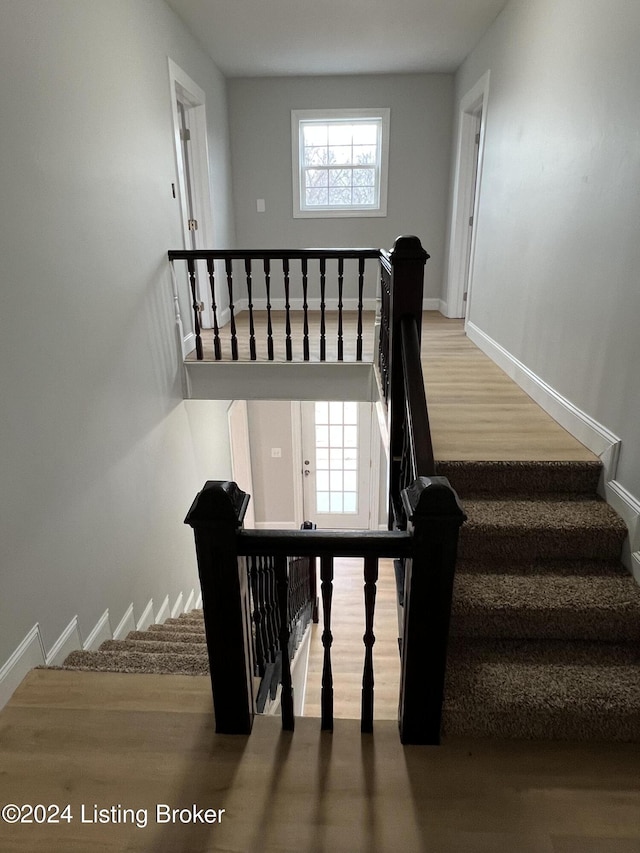 stairway featuring plenty of natural light and hardwood / wood-style flooring