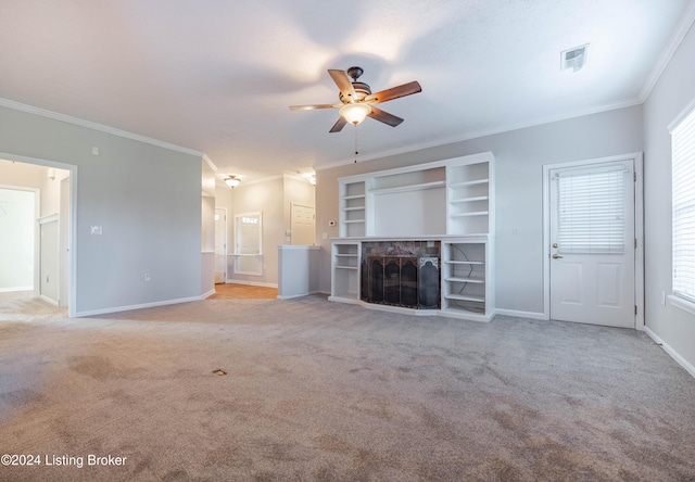 unfurnished living room with ceiling fan, light colored carpet, and ornamental molding