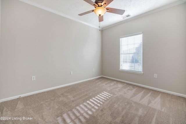 spare room featuring carpet, a textured ceiling, and crown molding