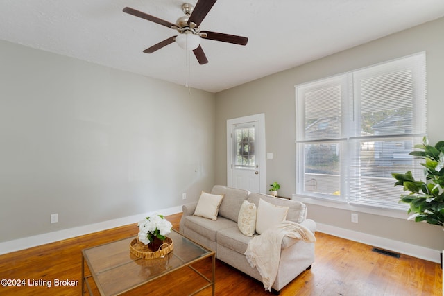 living room featuring ceiling fan and wood-type flooring