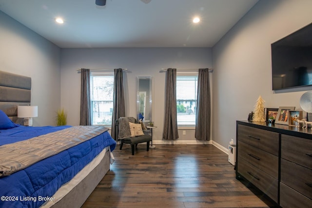 bedroom featuring ceiling fan, dark hardwood / wood-style flooring, and multiple windows