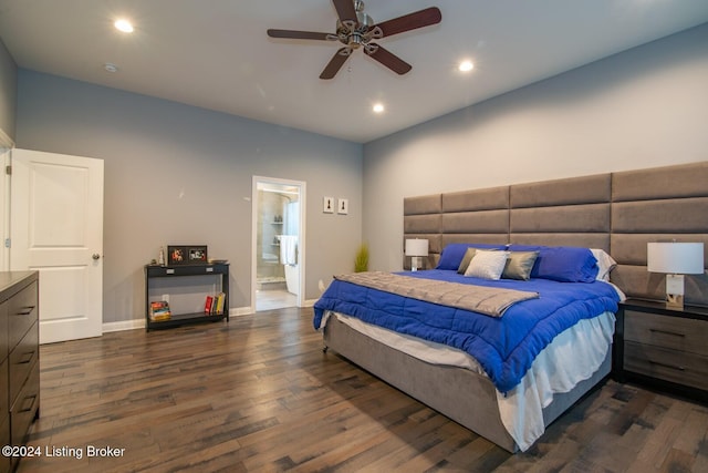 bedroom with dark hardwood / wood-style floors, ceiling fan, and ensuite bathroom