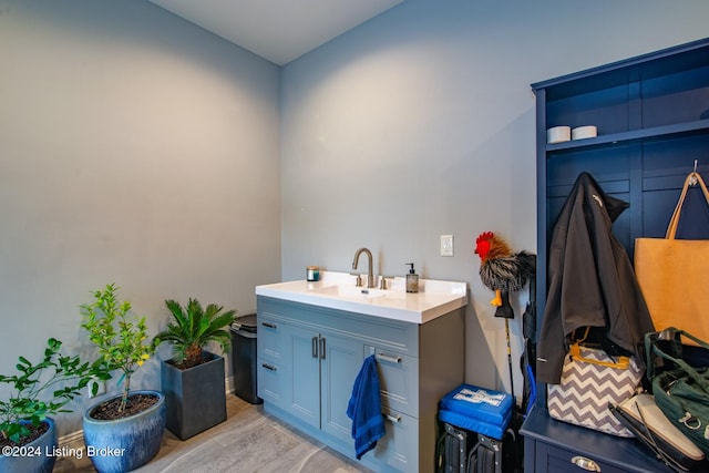 bathroom featuring vanity and hardwood / wood-style flooring