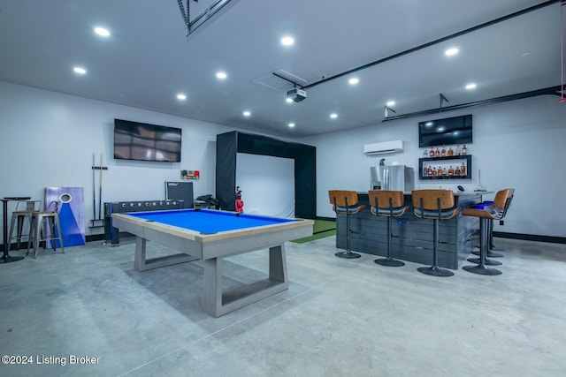 recreation room featuring indoor bar, a wall unit AC, and pool table