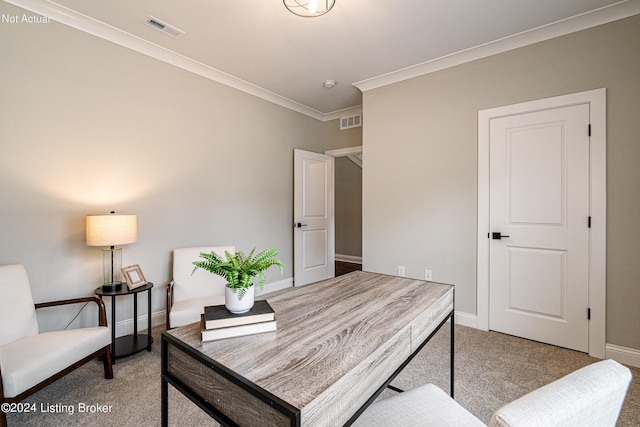 office area featuring carpet and ornamental molding