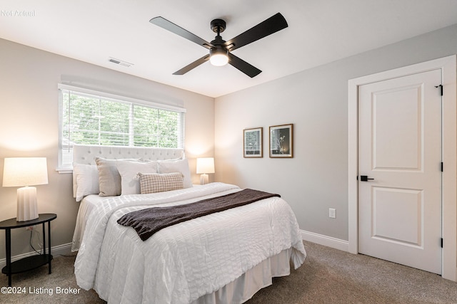 bedroom featuring carpet flooring and ceiling fan