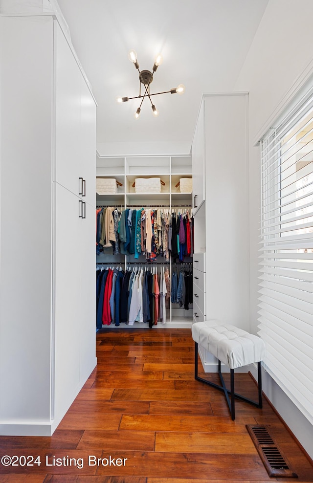 spacious closet featuring a chandelier and dark wood-type flooring