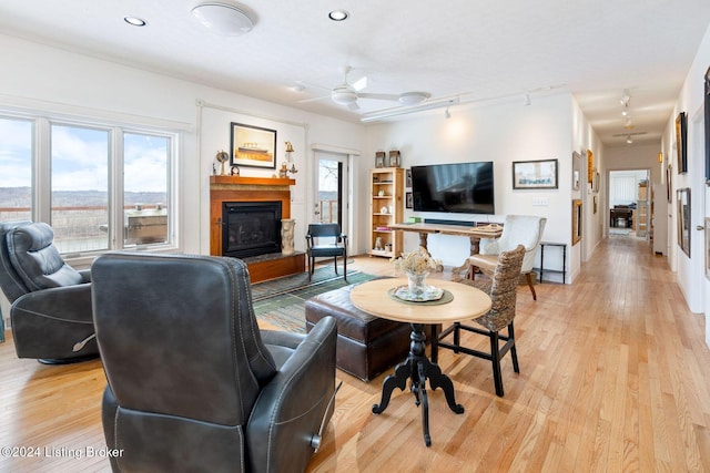 living room with light wood-type flooring, a wealth of natural light, and ceiling fan