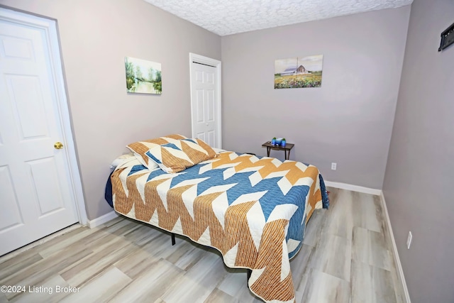 bedroom with wood-type flooring, a textured ceiling, and a closet