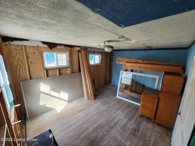 basement with dark hardwood / wood-style floors, a textured ceiling, and wood walls