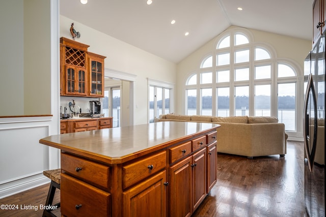 kitchen featuring dark hardwood / wood-style flooring, a kitchen island, a water view, and a wealth of natural light