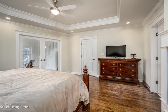 bedroom featuring dark wood-type flooring, french doors, crown molding, ceiling fan, and access to exterior