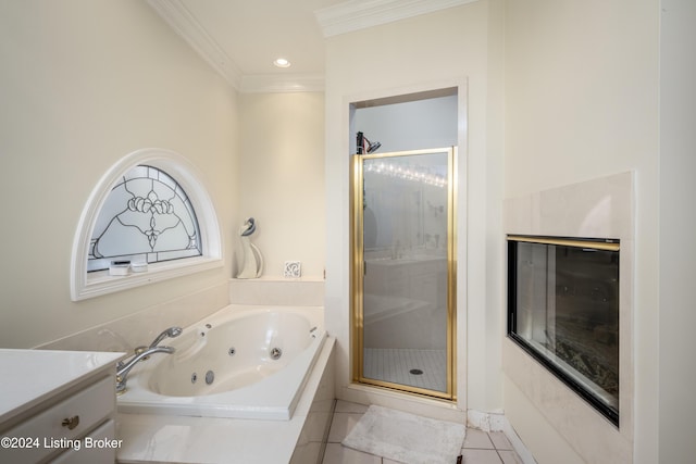 bathroom with tile patterned floors, vanity, ornamental molding, and plus walk in shower