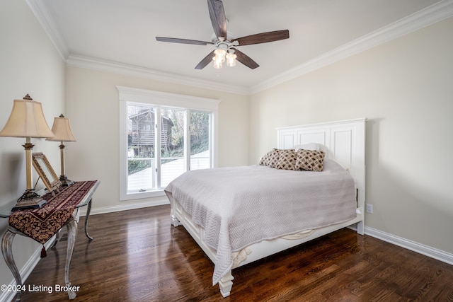 bedroom featuring ceiling fan, dark hardwood / wood-style flooring, and ornamental molding