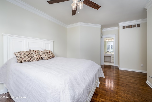 bedroom featuring dark hardwood / wood-style floors, ceiling fan, and ornamental molding