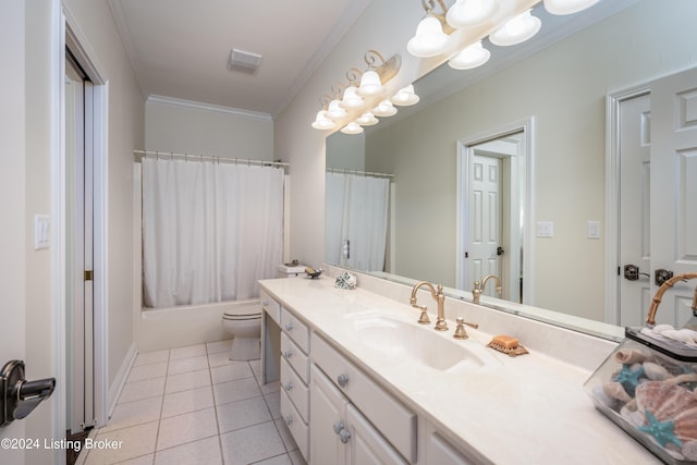 full bathroom featuring shower / bath combo, tile patterned floors, toilet, vanity, and ornamental molding