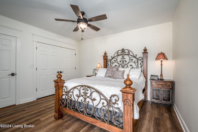 bedroom with ceiling fan, dark hardwood / wood-style floors, and a closet