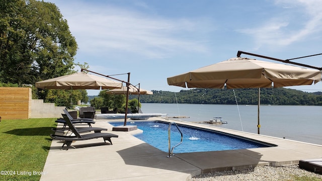 view of pool featuring a water view