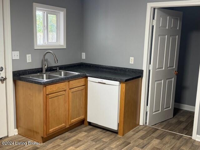 kitchen with sink, white dishwasher, and wood-type flooring