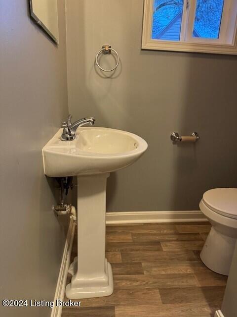 bathroom with hardwood / wood-style floors and toilet