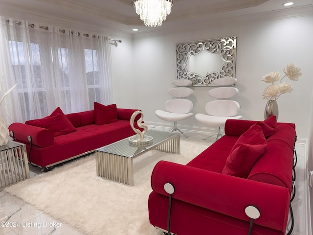 living room featuring a chandelier and ornamental molding