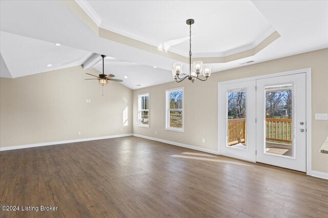 interior space featuring crown molding, dark hardwood / wood-style flooring, lofted ceiling with beams, and ceiling fan with notable chandelier