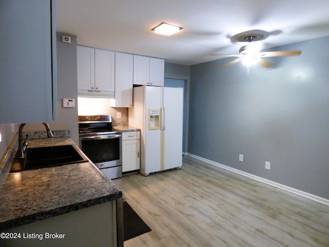 kitchen with stainless steel range with electric stovetop, white cabinets, sink, light hardwood / wood-style flooring, and white fridge with ice dispenser