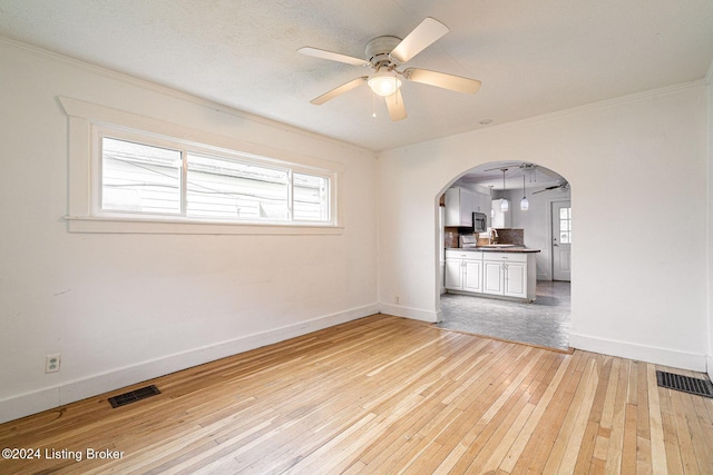 empty room with light wood-type flooring, ornamental molding, a textured ceiling, ceiling fan, and sink